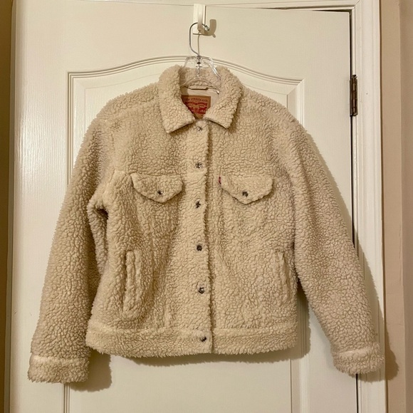 Levi's Women’s All Over Sherpa Trucker Jacket Cream Beige Size M Casual Western - Picture 7 of 11